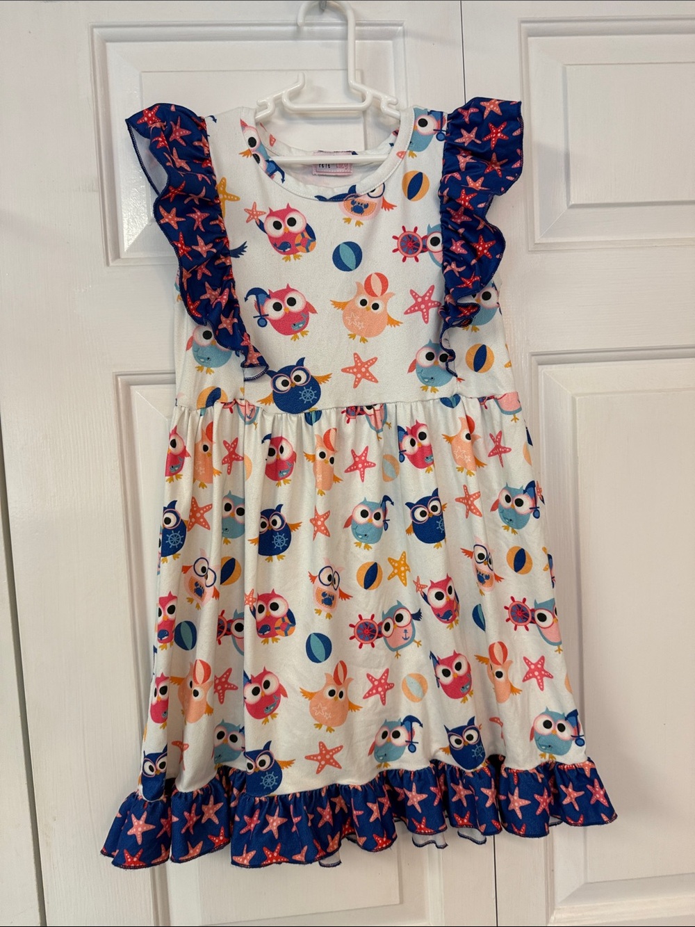 White Owl Print Ruffle Sleeve Dress for Girls